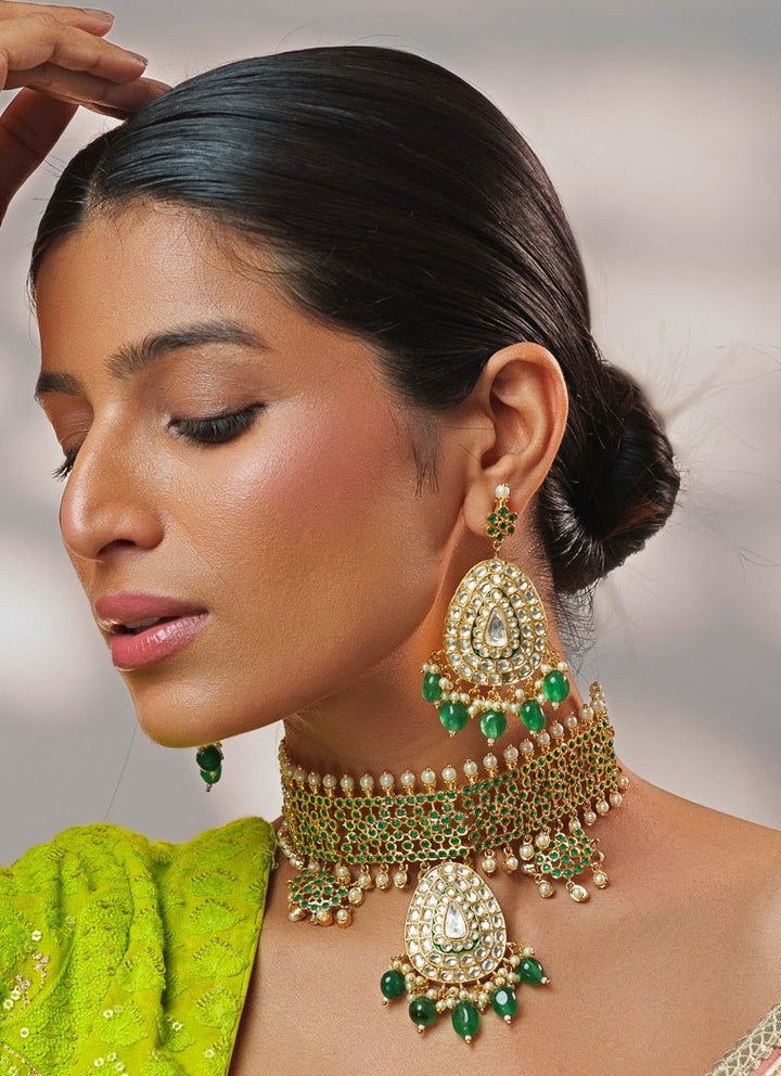 Green Stone And Kundan Jadau Gold Choker Set Zevar by Geeta - Fabilicious Fashion