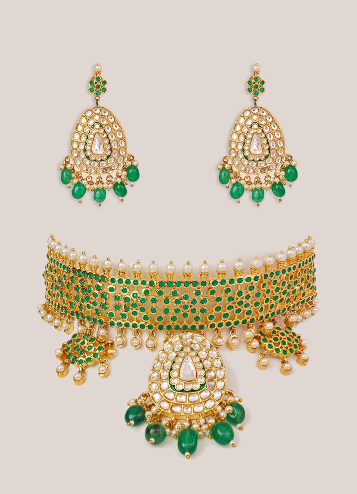Green Stone And Kundan Jadau Gold Choker Set Zevar by Geeta - Fabilicious Fashion