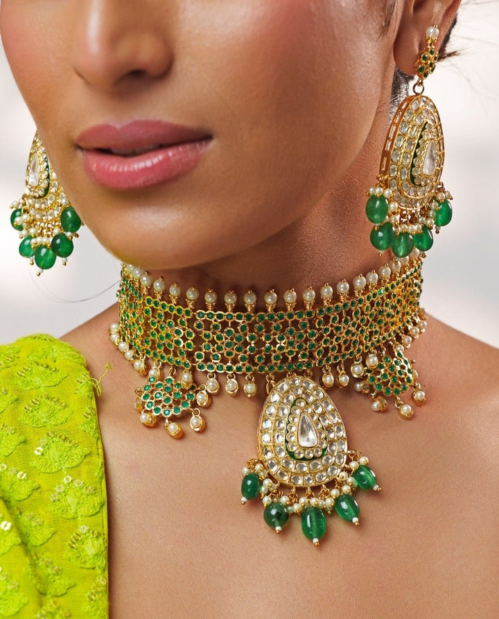 Green Stone And Kundan Jadau Gold Choker Set Zevar by Geeta - Fabilicious Fashion