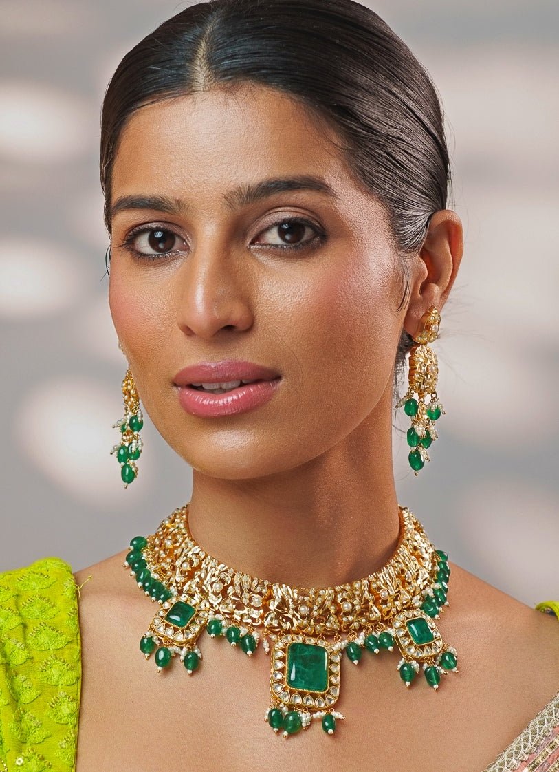 Green Stone And Kundan Jadau Gold Necklace Set Zevar by Geeta - Fabilicious Fashion