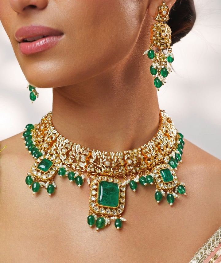 Green Stone And Kundan Jadau Gold Necklace Set Zevar by Geeta - Fabilicious Fashion