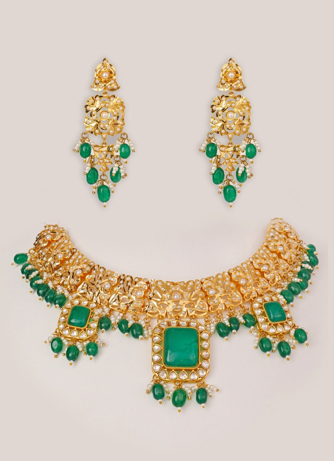 Green Stone And Kundan Jadau Gold Necklace Set Zevar by Geeta - Fabilicious Fashion
