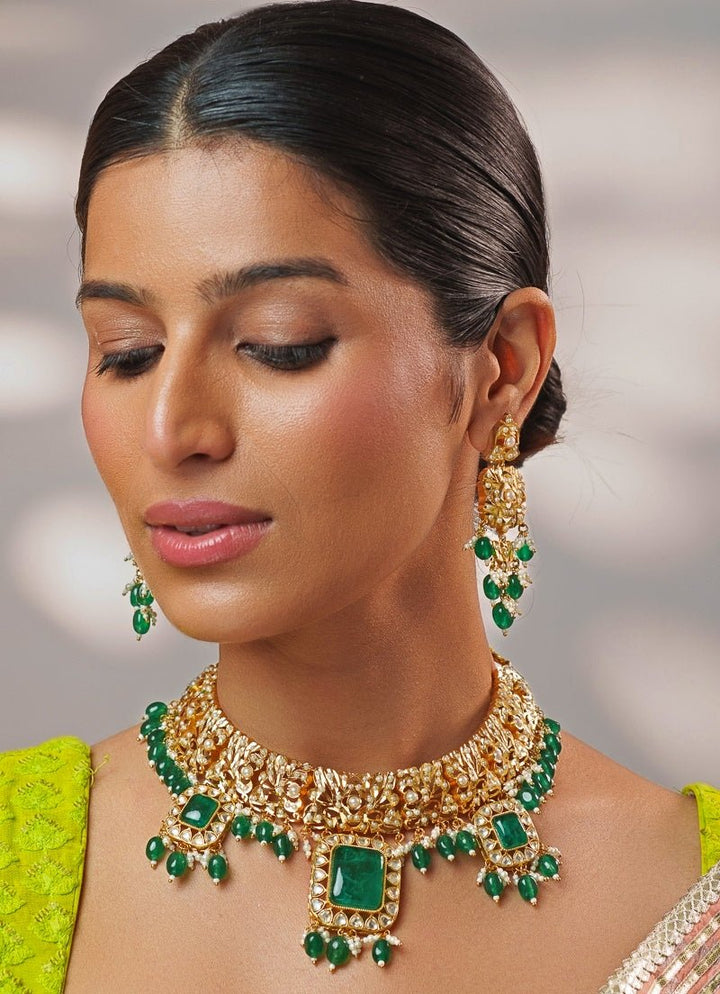 Green Stone And Kundan Jadau Gold Necklace Set Zevar by Geeta - Fabilicious Fashion