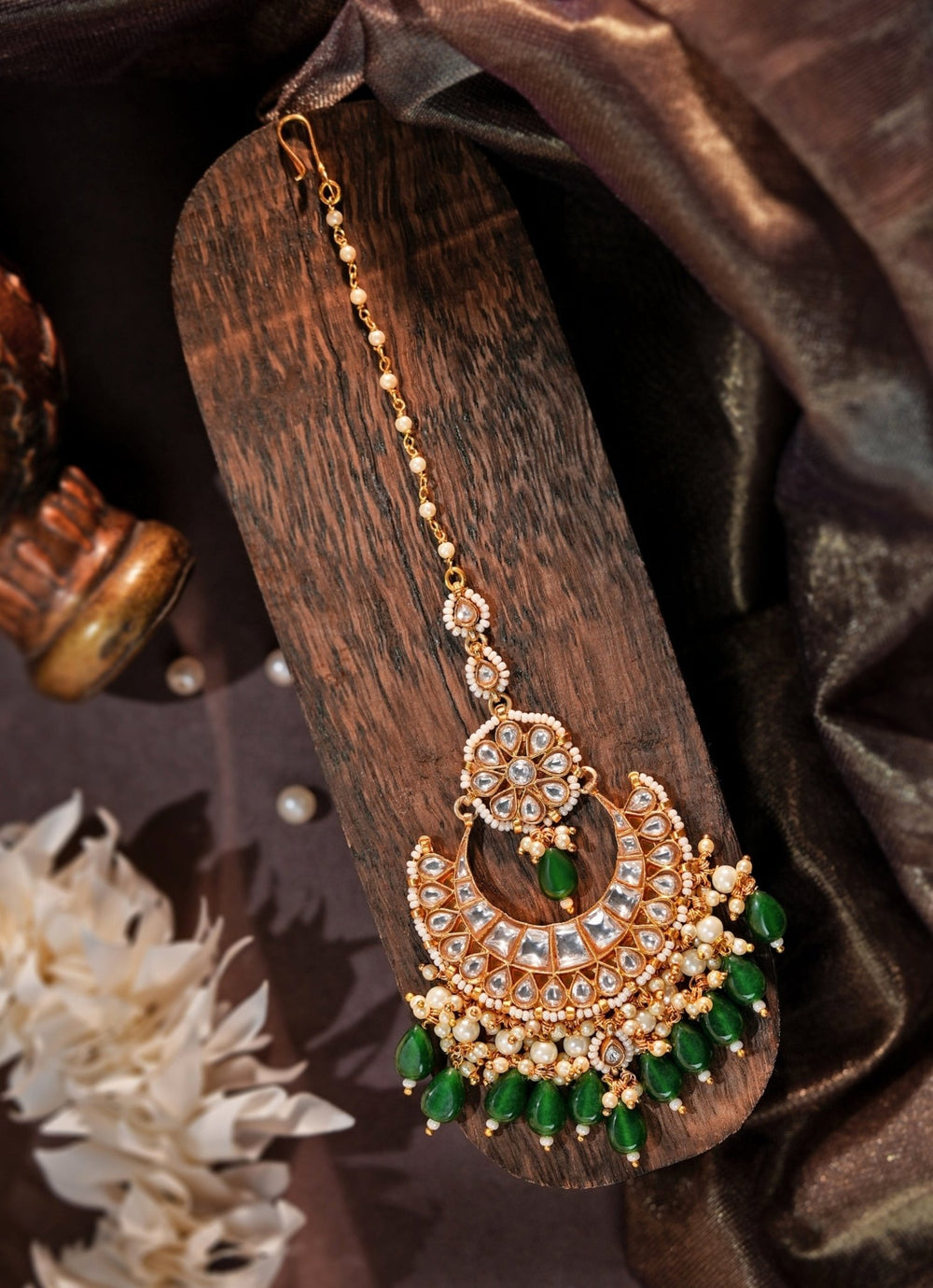 Green Stone And Kundan Matte Gold Maangtikka Riana Jewellery - Fabilicious Fashion