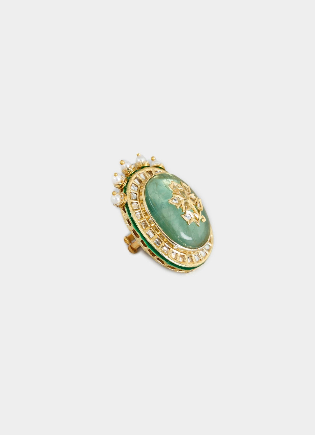 Green Stone And Pearl Embellished Statement Ring Vivinia By Vidhi Mehra - Fabilicious Fashion