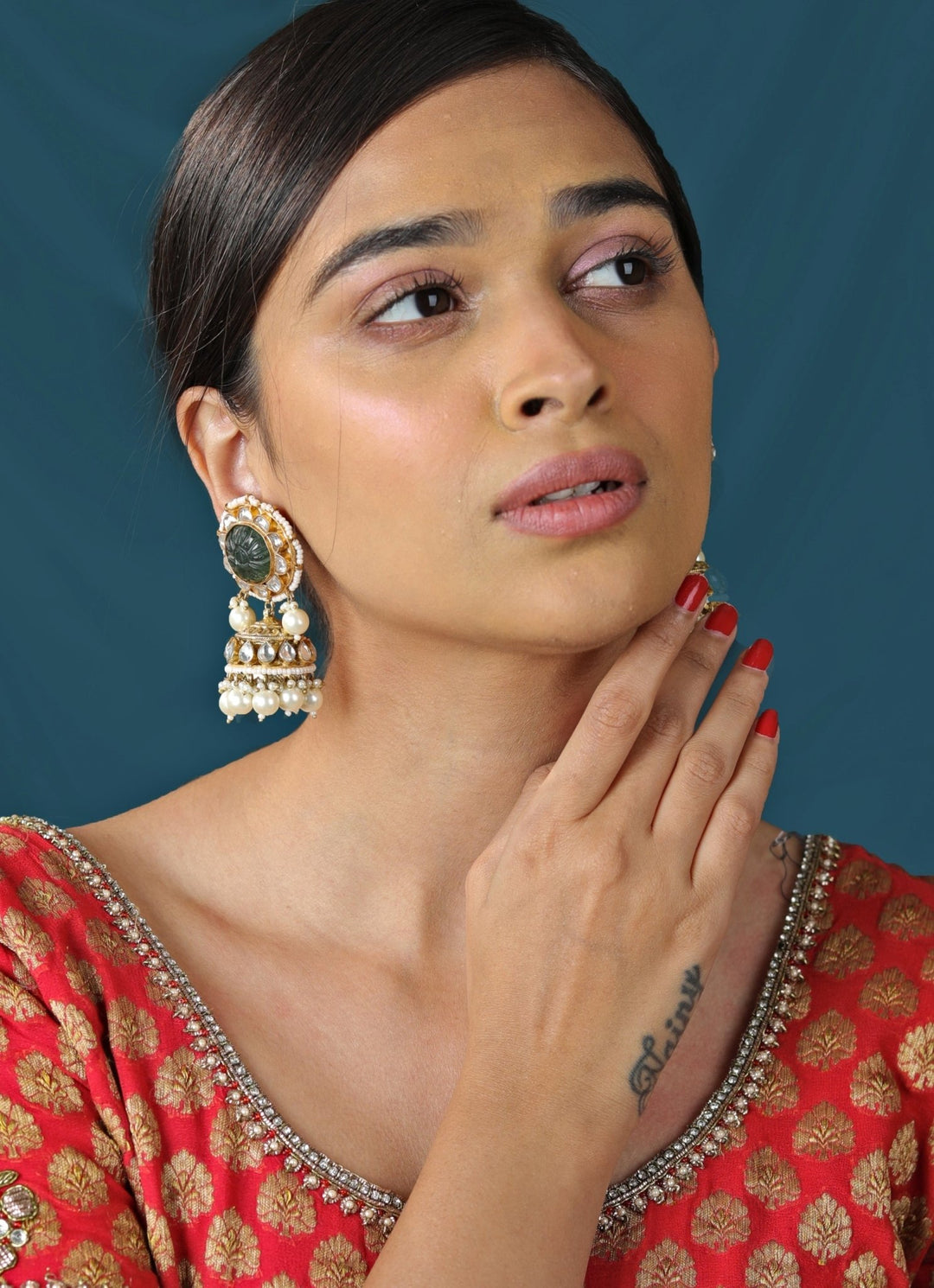 Green Stone and Pearl Necklace Set Riana by Shikha Jindal - Fabilicious Fashion