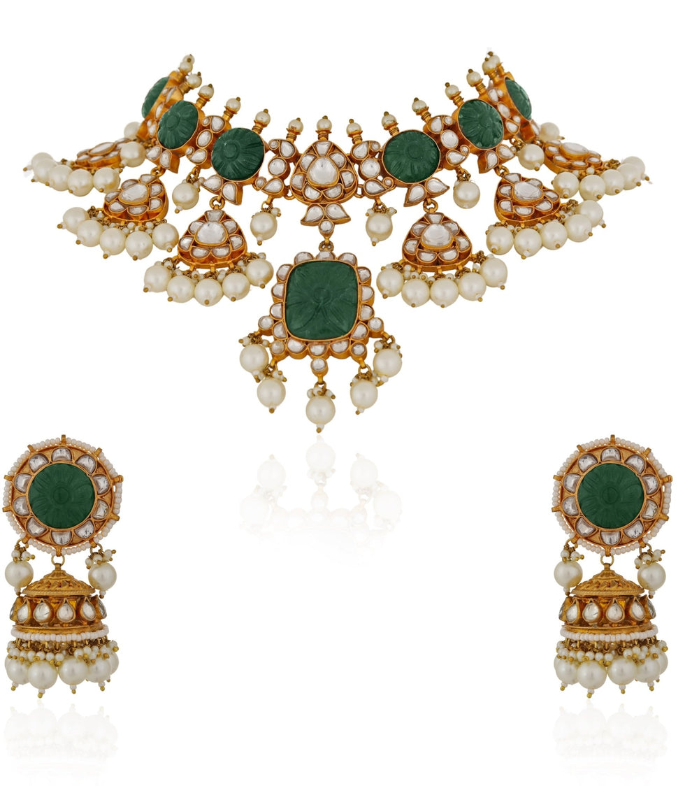 Green Stone and Pearl Necklace Set Riana by Shikha Jindal - Fabilicious Fashion
