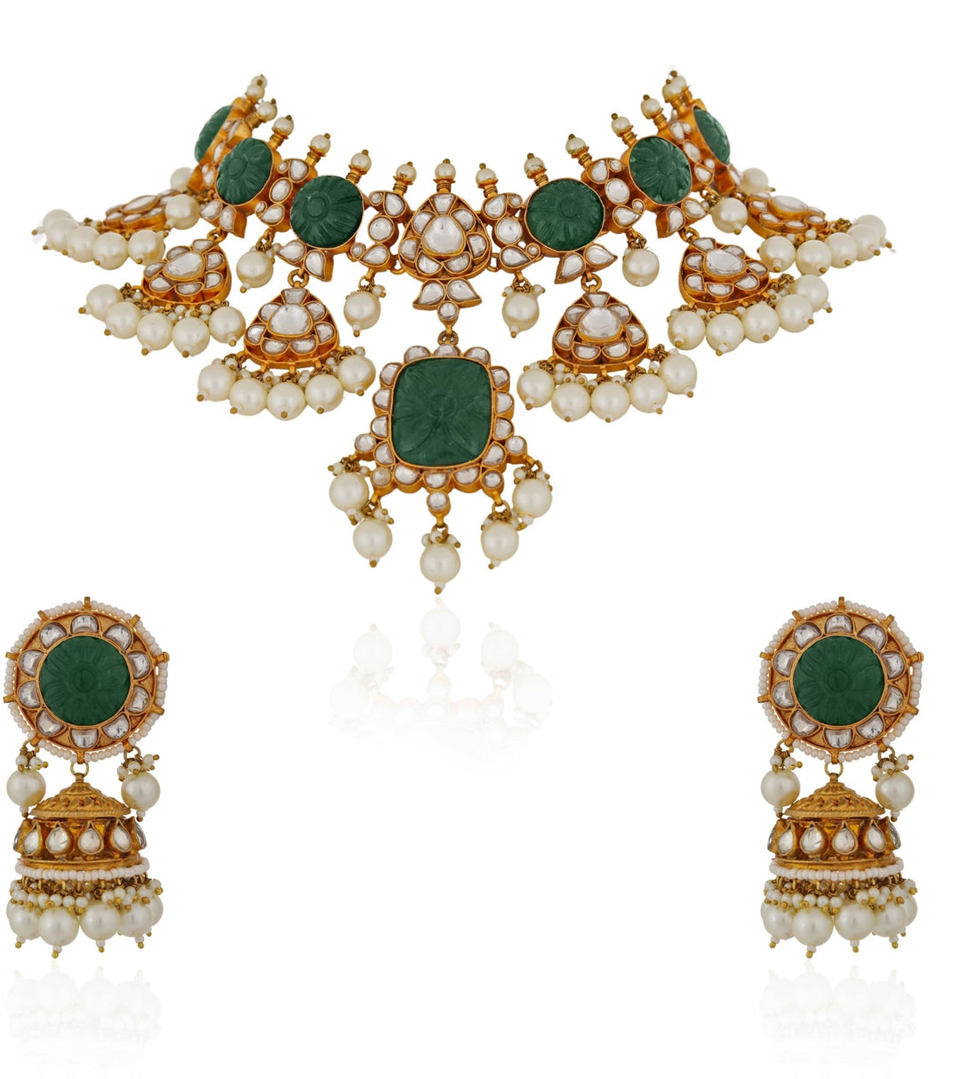Green Stone and Pearl Necklace Set Riana by Shikha Jindal - Fabilicious Fashion