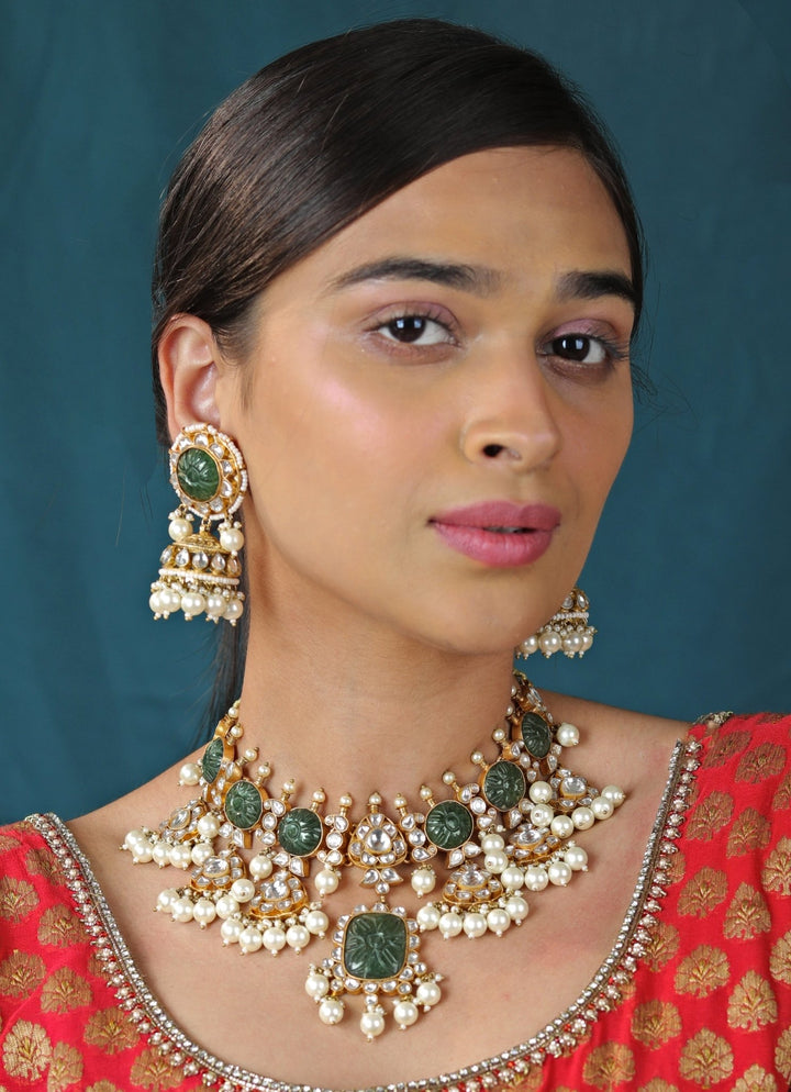 Green Stone and Pearl Necklace Set Riana by Shikha Jindal - Fabilicious Fashion