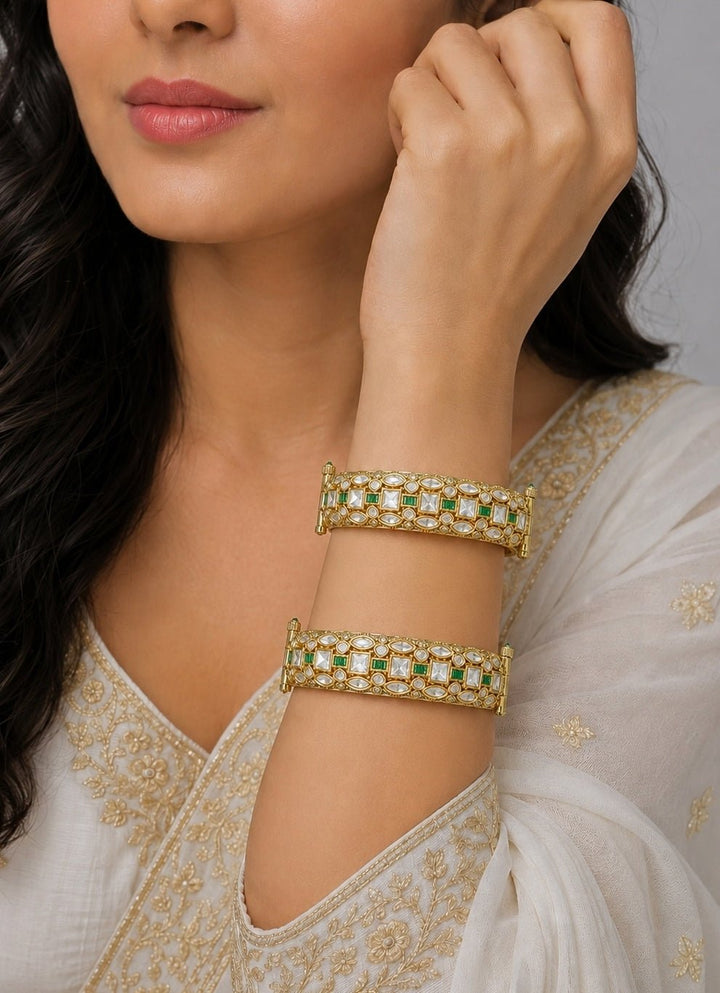 Zevar by Geeta Green Stone And Polki Bangle SetFabilicious Fashion