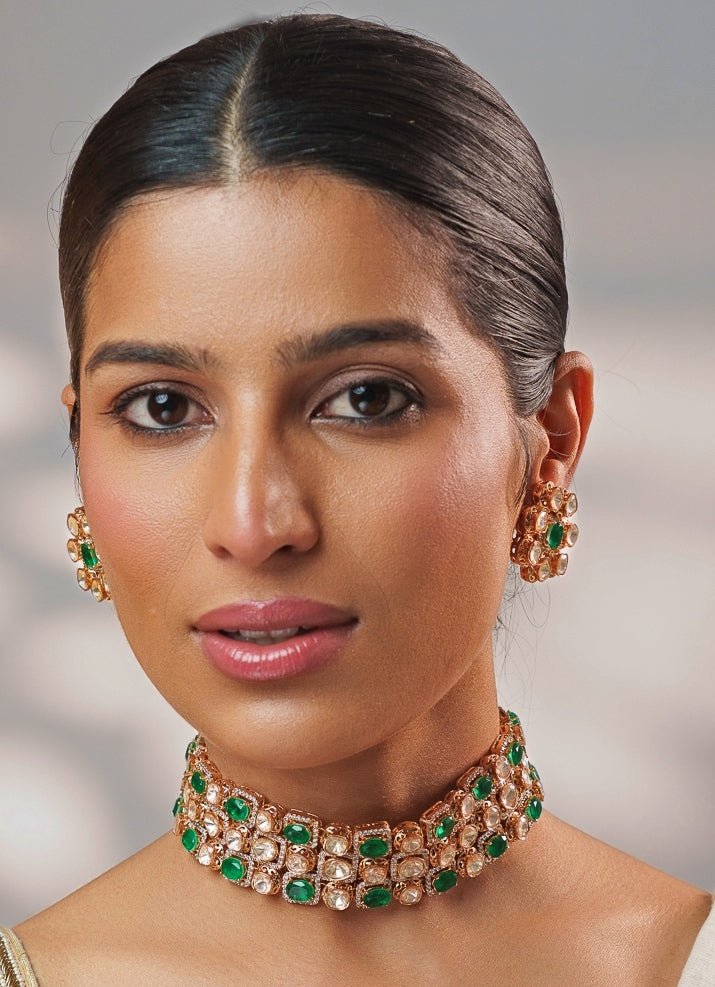 Green Stone And Polki Gold Choker Set Zevar by Geeta - Fabilicious Fashion