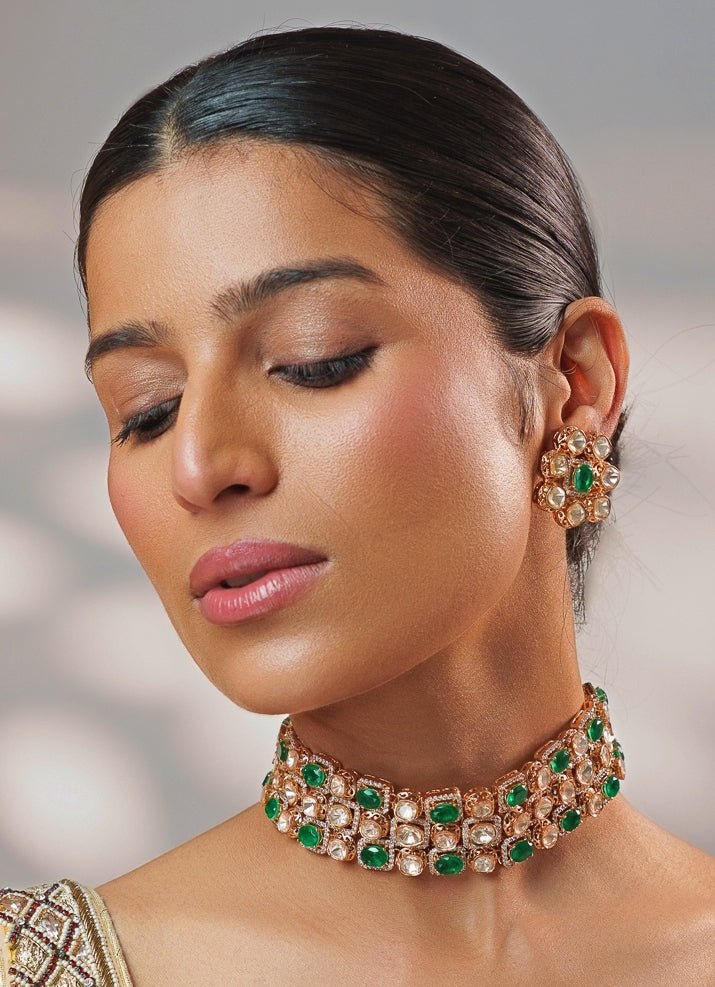 Green Stone And Polki Gold Choker Set Zevar by Geeta - Fabilicious Fashion