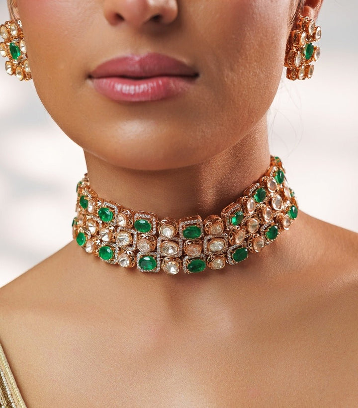 Green Stone And Polki Gold Choker Set Zevar by Geeta - Fabilicious Fashion