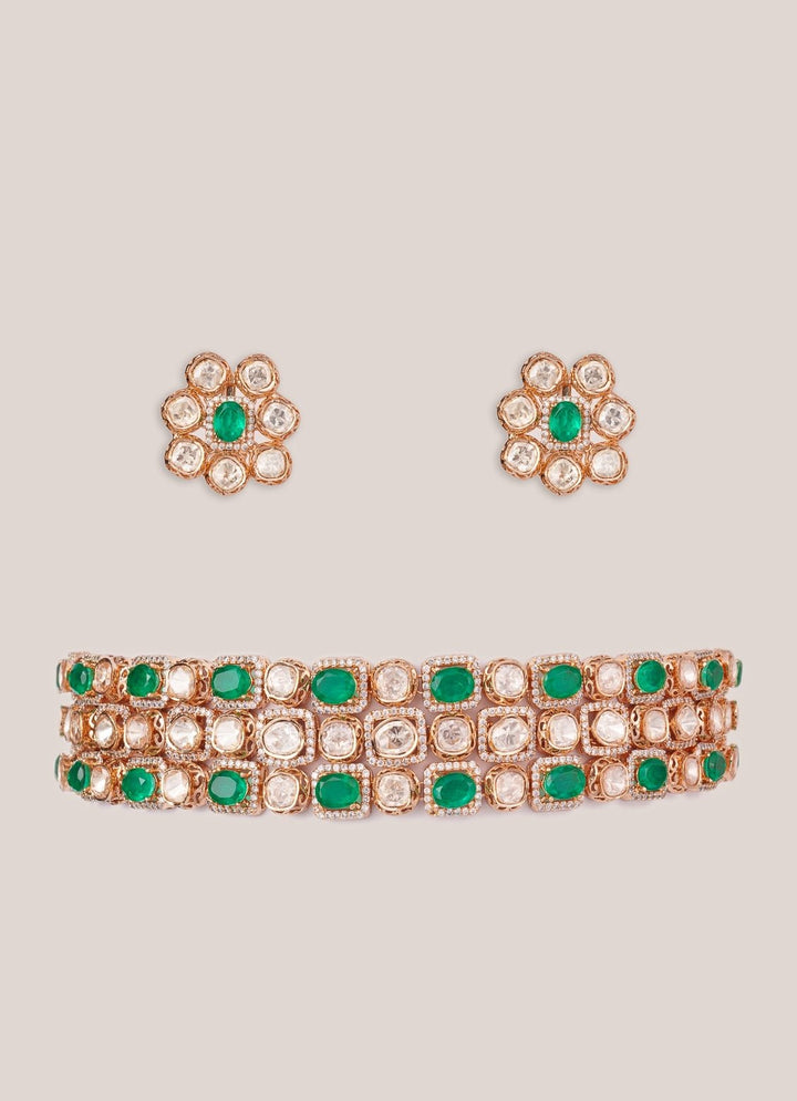 Green Stone And Polki Gold Choker Set Zevar by Geeta - Fabilicious Fashion