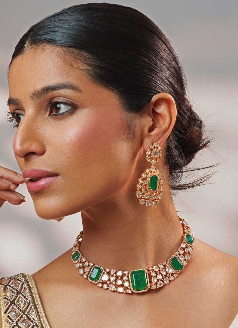 Green Stone And Polki Gold Necklace Set Zevar by Geeta - Fabilicious Fashion