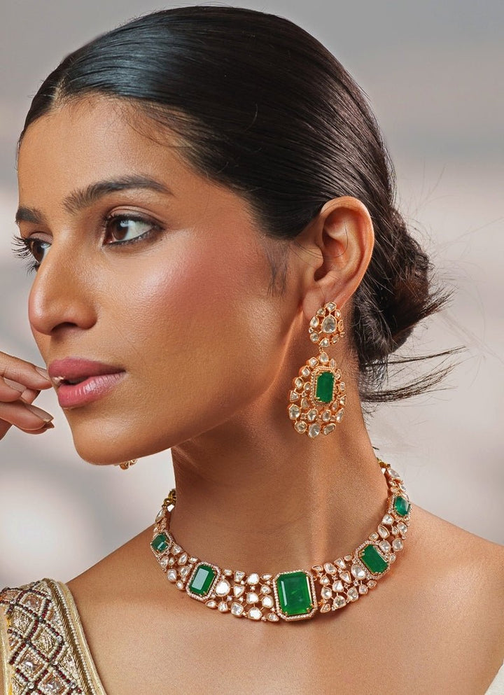 Green Stone And Polki Gold Necklace Set Zevar by Geeta - Fabilicious Fashion