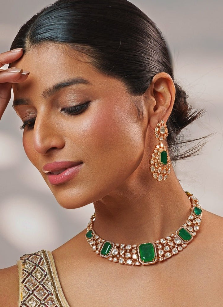 Green Stone And Polki Gold Necklace Set Zevar by Geeta - Fabilicious Fashion
