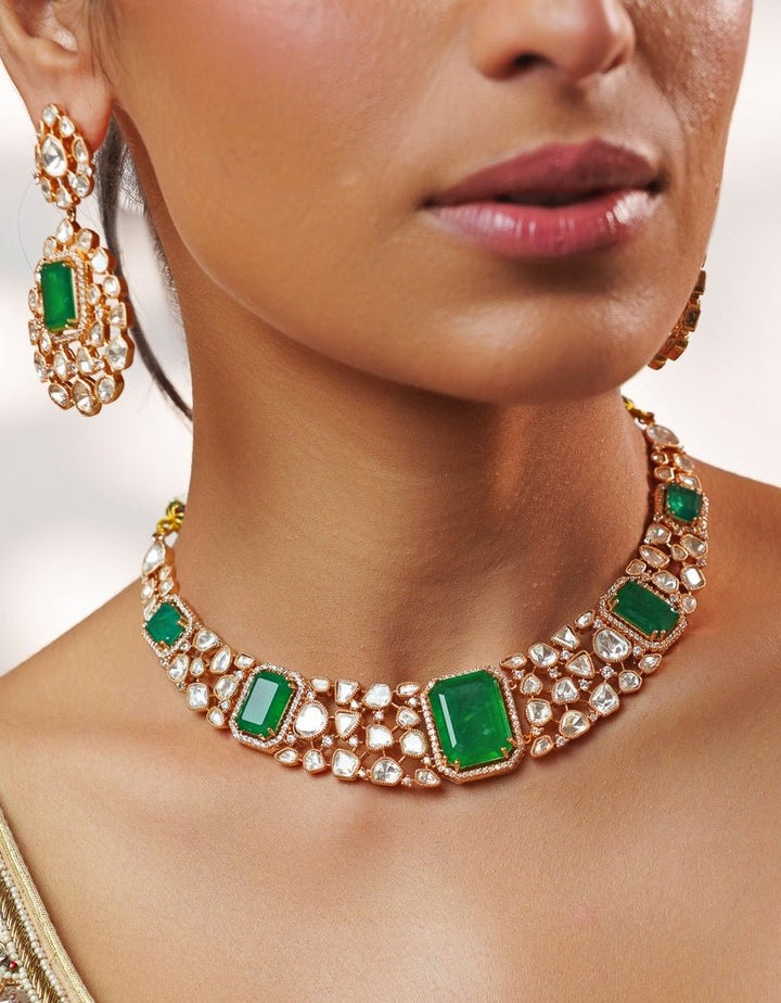 Green Stone And Polki Gold Necklace Set Zevar by Geeta - Fabilicious Fashion