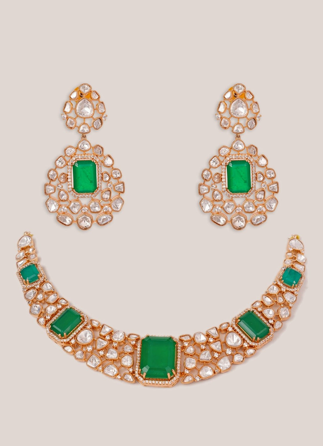 Green Stone And Polki Gold Necklace Set Zevar by Geeta - Fabilicious Fashion
