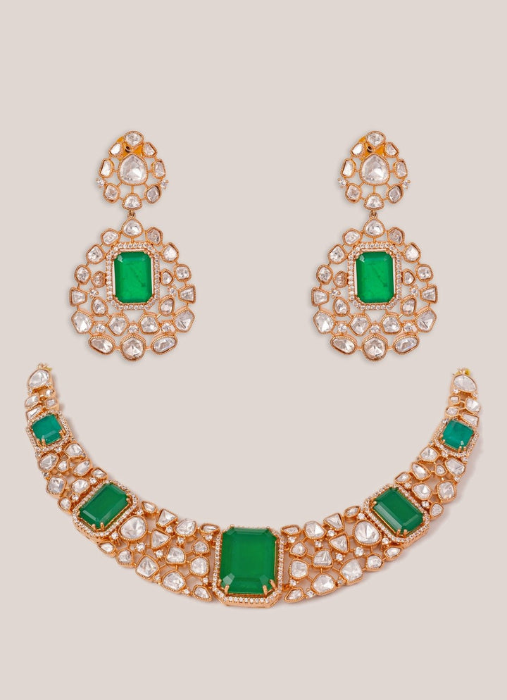 Green Stone And Polki Gold Necklace Set Zevar by Geeta - Fabilicious Fashion