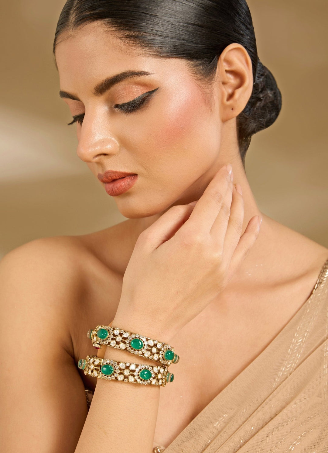Green Stone And Polki Gold Tone Bangle Set Vivinia By Vidhi Mehra - Fabilicious Fashion