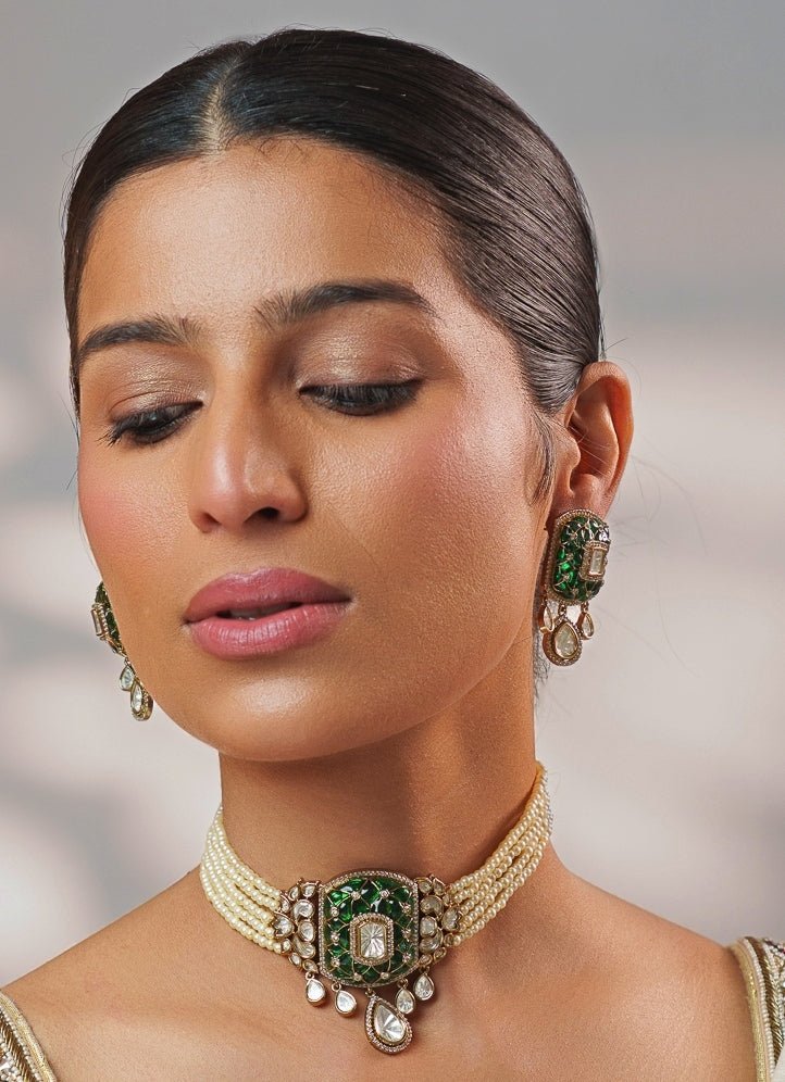 Green Stone And Polki Pearl Choker Set Zevar by Geeta - Fabilicious Fashion