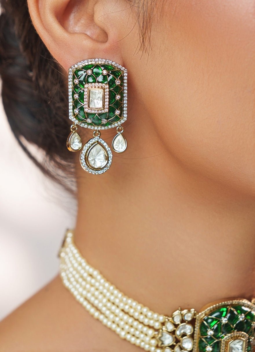 Green Stone And Polki Pearl Choker Set Zevar by Geeta - Fabilicious Fashion