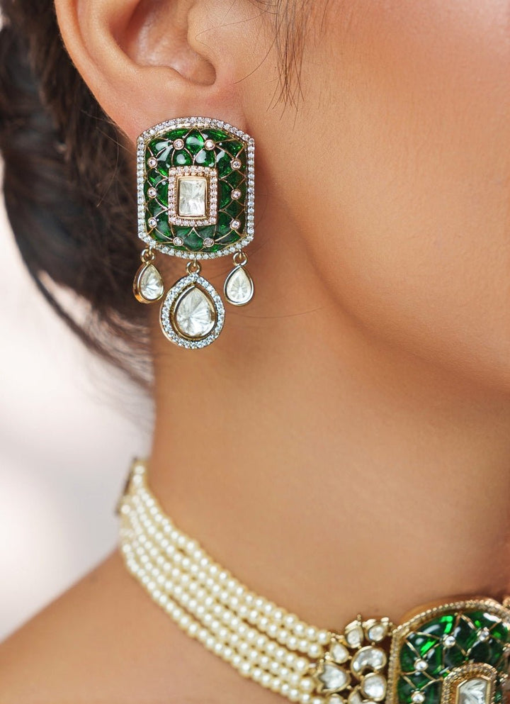 Green Stone And Polki Pearl Choker Set Zevar by Geeta - Fabilicious Fashion