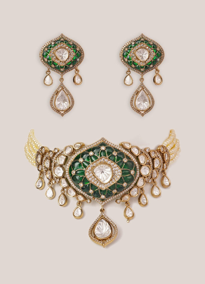 Green Stone And Polki Pearl Choker Set Zevar by Geeta - Fabilicious Fashion