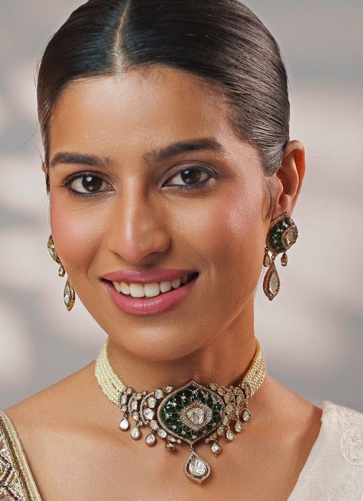Green Stone And Polki Pearl Choker Set Zevar by Geeta - Fabilicious Fashion