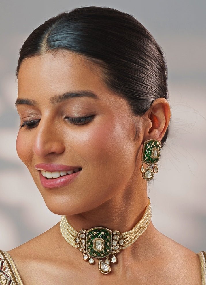 Green Stone And Polki Pearl Choker Set Zevar by Geeta - Fabilicious Fashion
