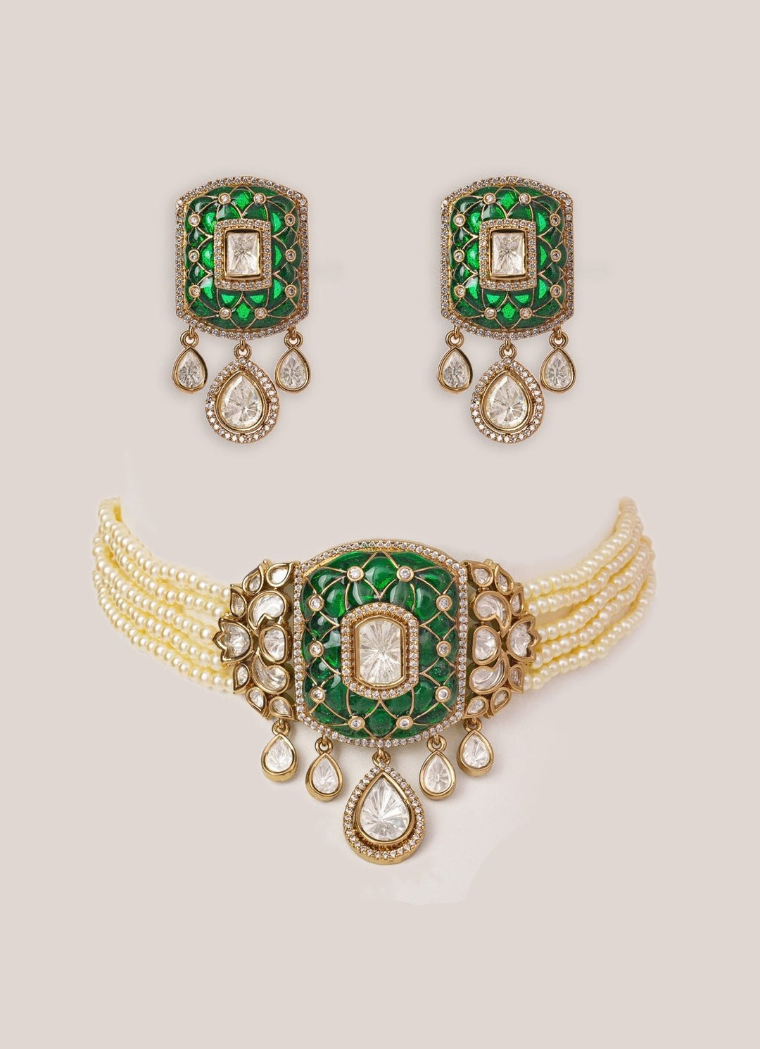 Green Stone And Polki Pearl Choker Set Zevar by Geeta - Fabilicious Fashion