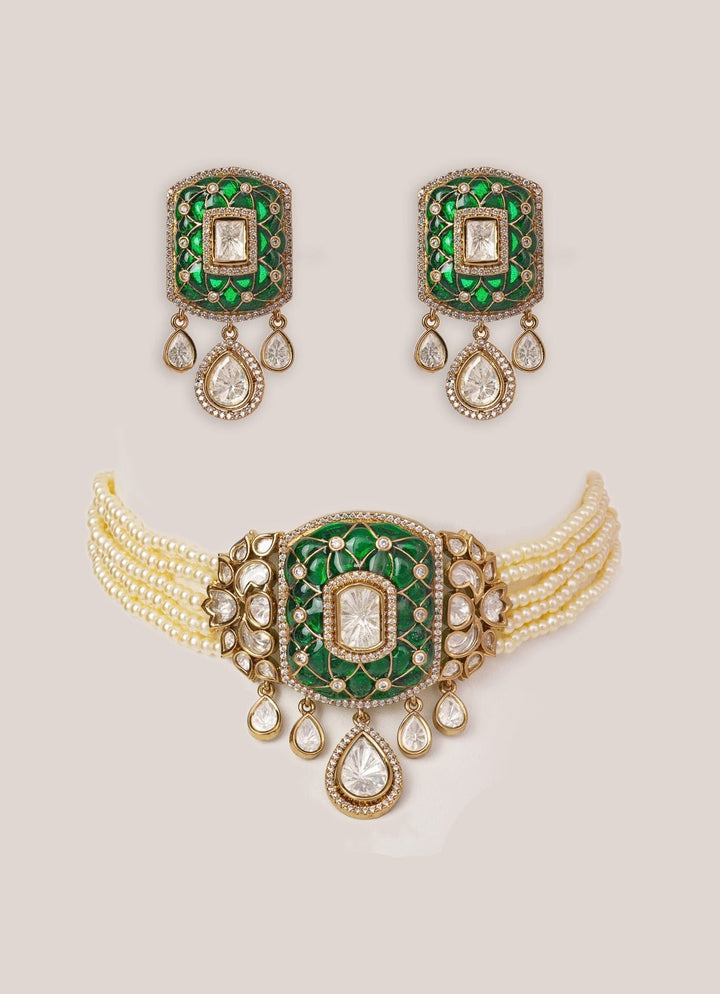 Green Stone And Polki Pearl Choker Set Zevar by Geeta - Fabilicious Fashion