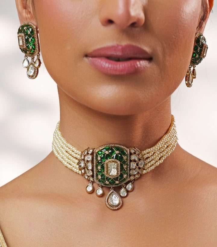 Green Stone And Polki Pearl Choker Set Zevar by Geeta - Fabilicious Fashion
