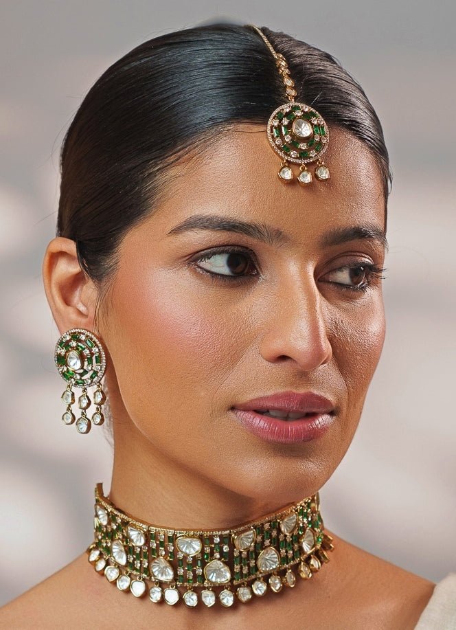 Green Stone And Polki Two Tone Choker Set Zevar by Geeta - Fabilicious Fashion