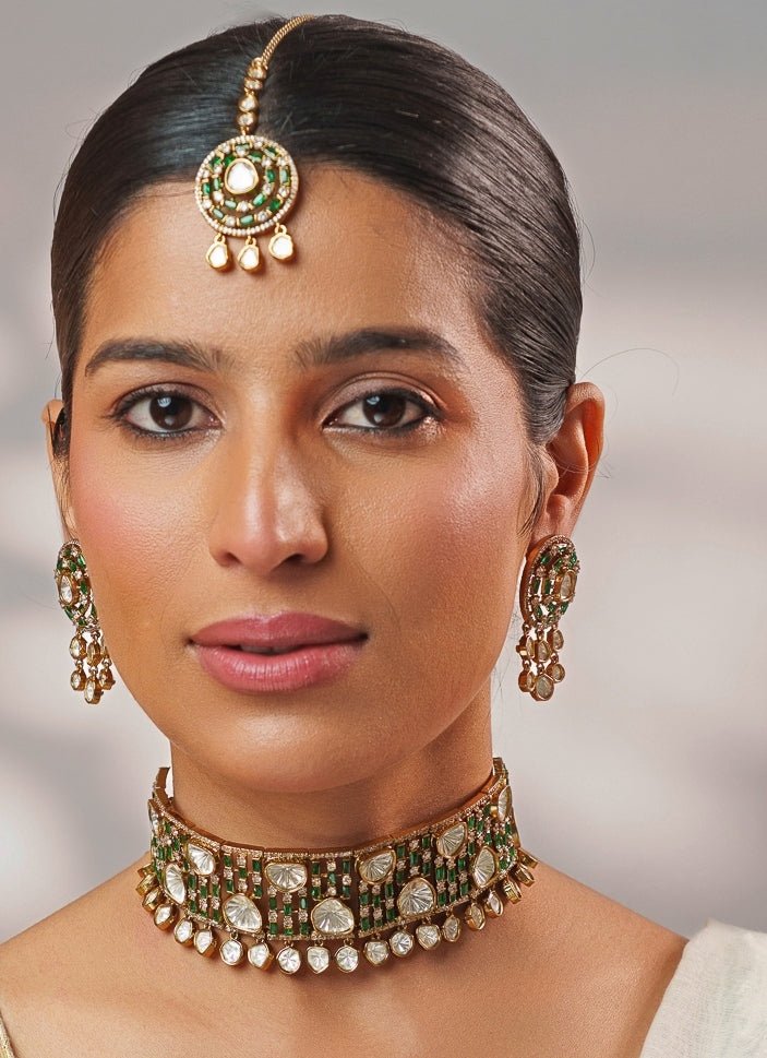 Green Stone And Polki Two Tone Choker Set Zevar by Geeta - Fabilicious Fashion