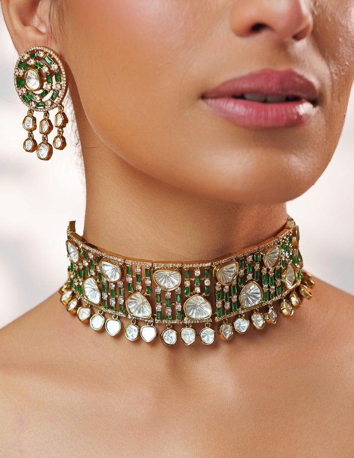 Green Stone And Polki Two Tone Choker Set Zevar by Geeta - Fabilicious Fashion