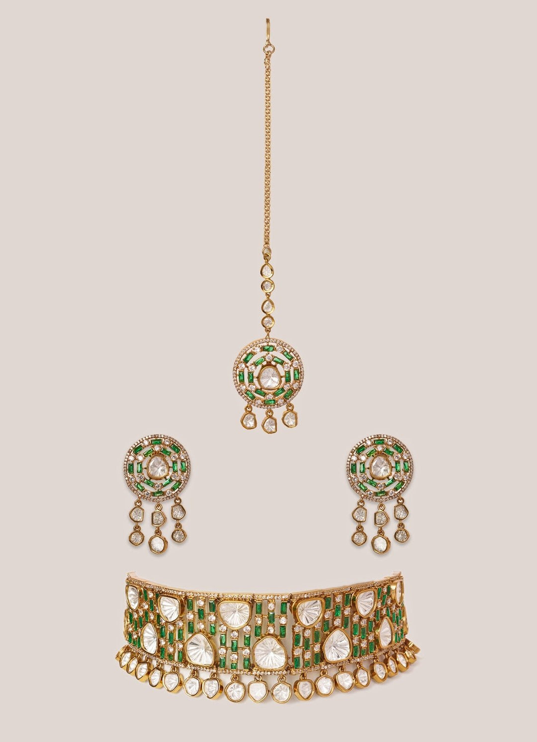 Green Stone And Polki Two Tone Choker Set Zevar by Geeta - Fabilicious Fashion