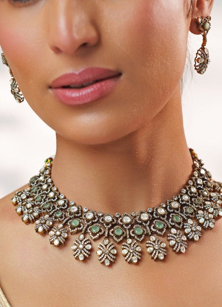 Green Stone And Polki Two Tone Necklace Set Zevar by Geeta - Fabilicious Fashion