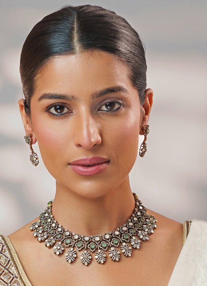 Green Stone And Polki Two Tone Necklace Set Zevar by Geeta - Fabilicious Fashion