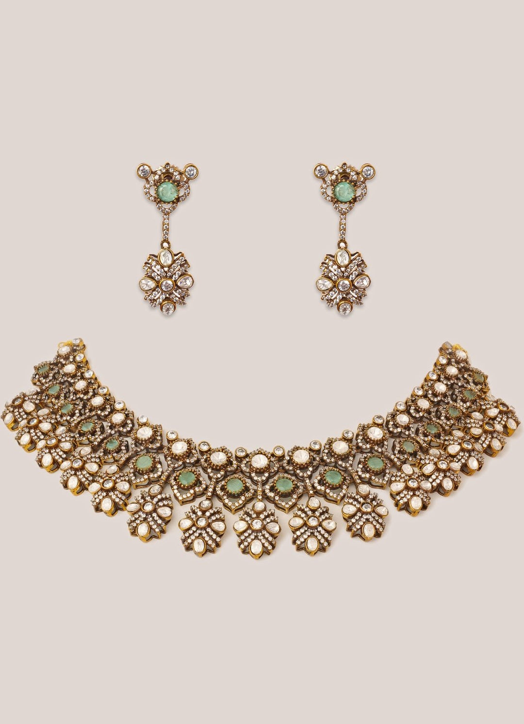 Green Stone And Polki Two Tone Necklace Set Zevar by Geeta - Fabilicious Fashion