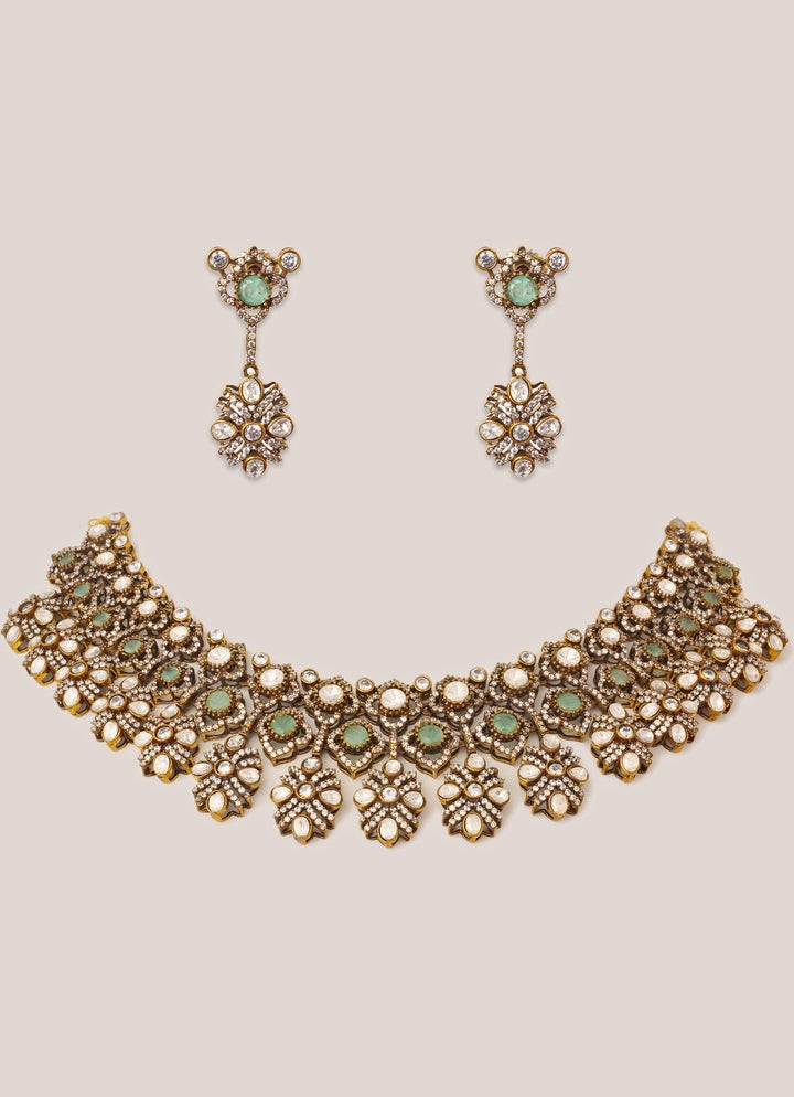 Green Stone And Polki Two Tone Necklace Set Zevar by Geeta - Fabilicious Fashion