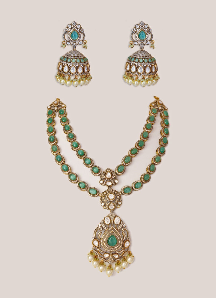 Green Stone And Polki Two Toned Long Necklace Set Zevar by Geeta - Fabilicious Fashion