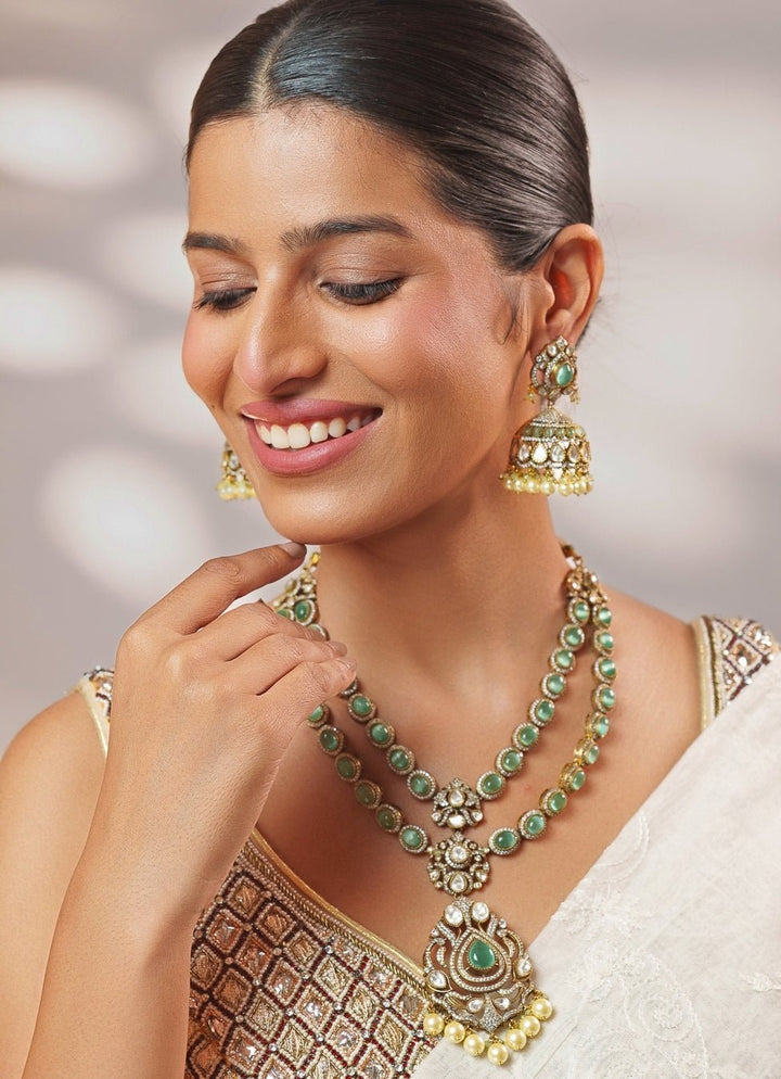Green Stone And Polki Two Toned Long Necklace Set Zevar by Geeta - Fabilicious Fashion
