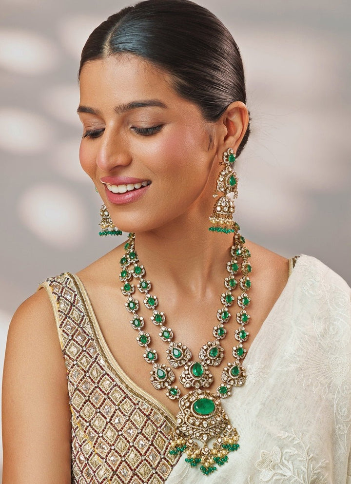 Green Stone And Polki Two Toned Long Necklace Set Zevar by Geeta - Fabilicious Fashion