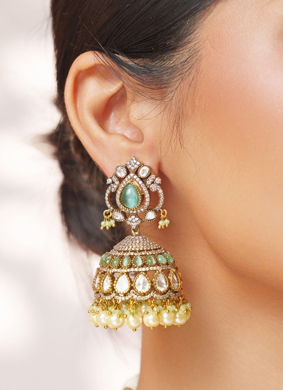 Green Stone And Polki Two Toned Long Necklace Set Zevar by Geeta - Fabilicious Fashion