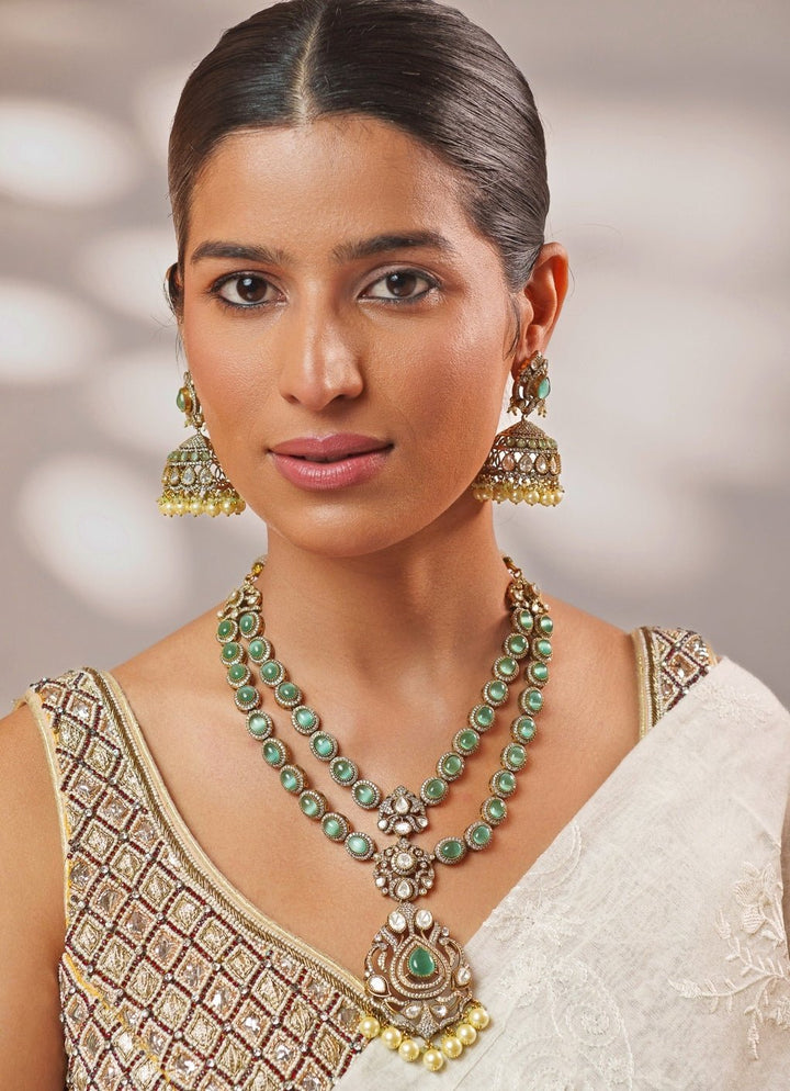 Green Stone And Polki Two Toned Long Necklace Set Zevar by Geeta - Fabilicious Fashion