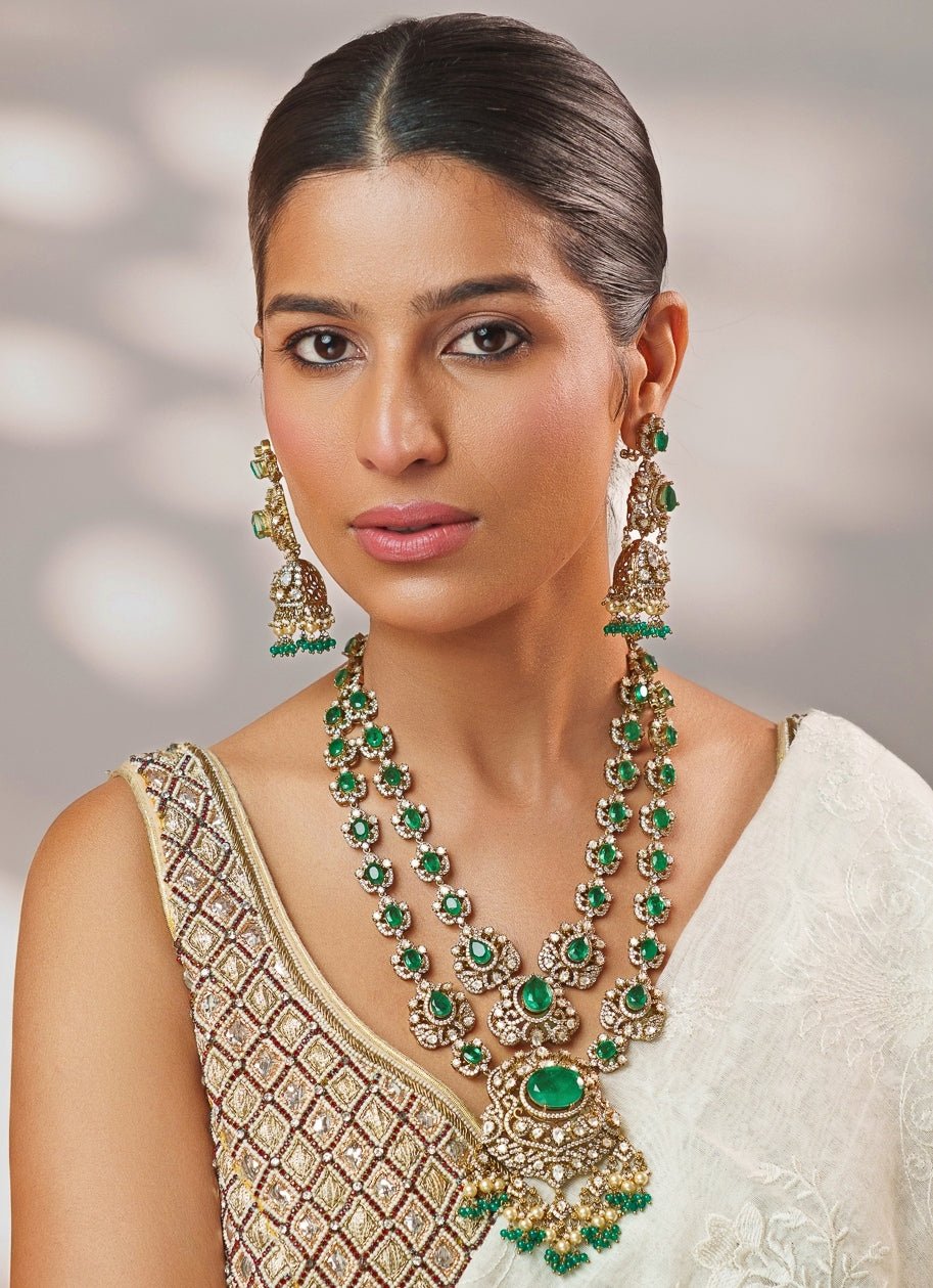 Green Stone And Polki Two Toned Long Necklace Set Zevar by Geeta - Fabilicious Fashion