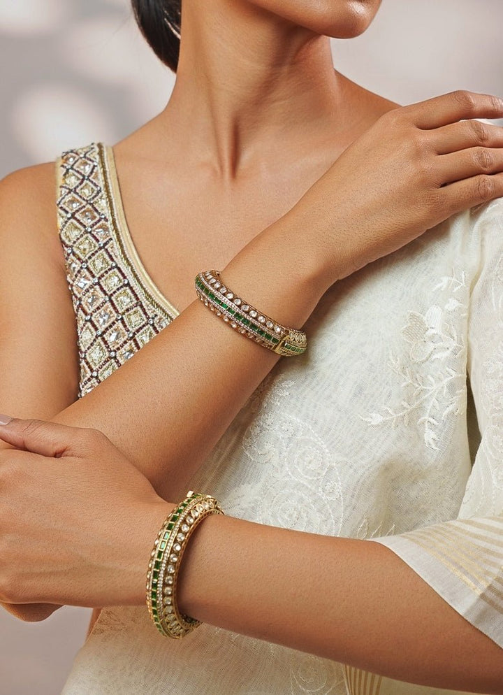 Green Stone And Sparkling Polki Bangle Set Zevar by Geeta - Fabilicious Fashion