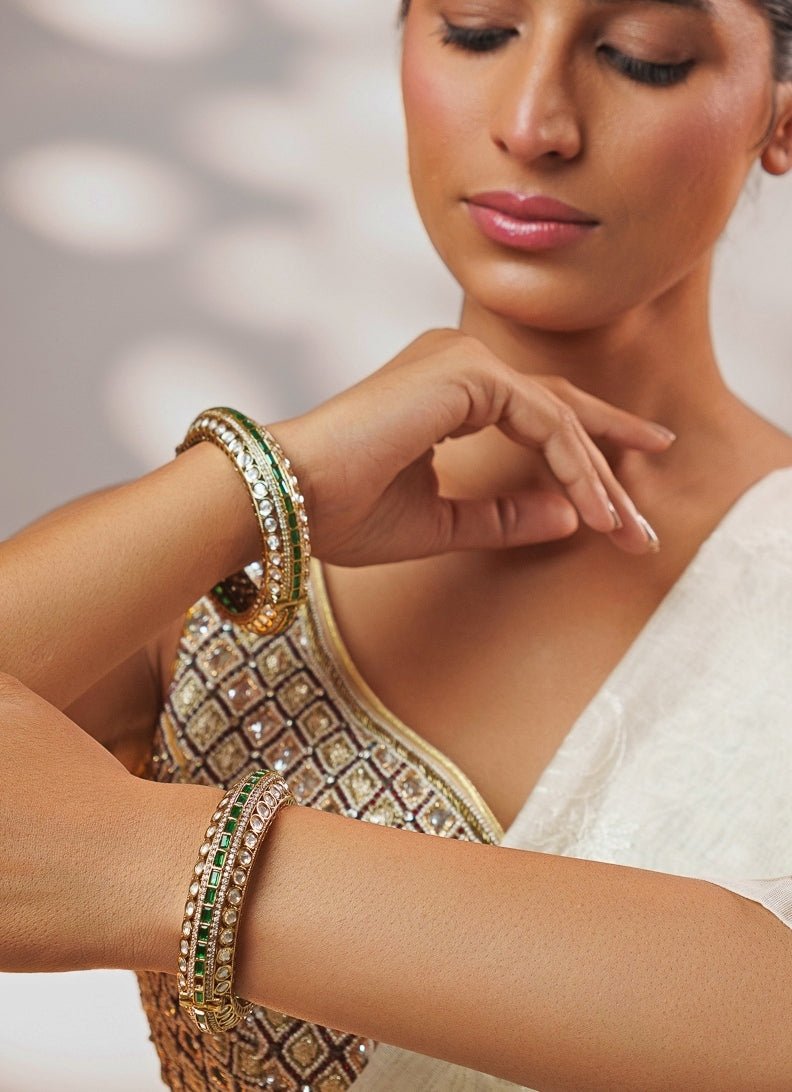 Green Stone And Sparkling Polki Bangle Set Zevar by Geeta - Fabilicious Fashion